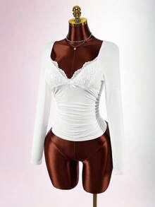 Amplova Y2K Women's Lace Blouse, Comfortable Fitted Slim Sexy Casual Top, Autumn/Winter Christmas For Women New Year Dress Valentine's Day - White - View 3