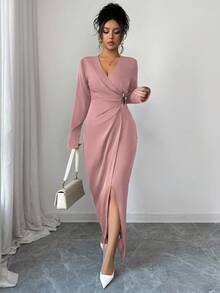 Elenzga Women's Solid Color Overlap V-Neck Long Sleeve Waist Ruched Metal Decor Elegant Dress - Dusty Pink - View 3