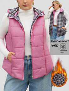 EMERY ROSE Plus Size Women's Pink Reversible Plaid Hooded Padded Vest,Winter Casual Hiking Quilted Jacket,Fashionable Outerwear For Christmas,New Year,Autumn - Multicolor - View 4