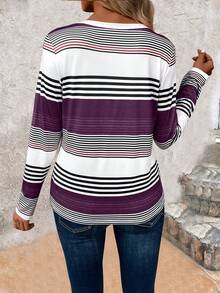 SHEIN LUNE Áo thun nữ cổ tròn tay dài kẻ sọc dáng rộng thời trang xuân thu áo thun họa tiết cho nữ mùa xuân - Nhiều màu - Xem 2