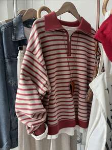 SHEIN Women's Casual Half-Zip Striped Colorblock Pattern Sweatshirt - Multicolor - View 3