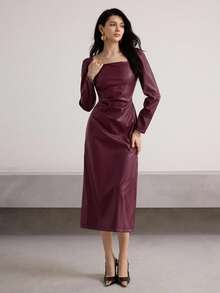 Heiryn 女士时尚优雅 PU 皮革方领中长连衣裙 - 紅木色 - 查看 3