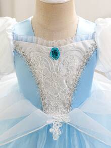 SHEIN Glamorique Kids Baby Girl Princess Dress, Blue Mesh Dress, White Positioning Flower, Silver Ribbon, Blue Gemstone, Bubble Sleeves, Vacation, Partywear ,Valentine's Day,Birthday Dress, New Year's Day, Birthday Party, Wedding Festival Dress, Gorgeous Dress, Middle East, Europe And America