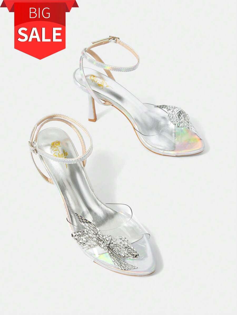 Zapatos de tacón de aguja y punta estrecha para mujer con decoración de flor con diamantes de imitación para vestido de primavera y verano - Plateado - Ver 1