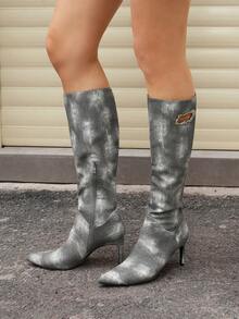 Women's Tie-Dye Pointed Toe Side Zipper Design Fashion High Heel Mid-Calf Boots - Grey - View 4