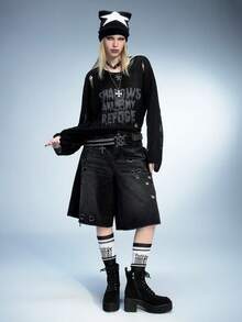 Sugerpunk 女士时尚黑色厚底摩托车中筒靴，街头风格 - 黑色 - 查看 8