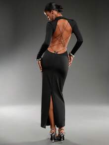 Normani New Backless Sexy Spaghetti Strap Long Sleeve Dress, Versatile Base Layer Dress For Autumn/Winter - Black - View 2