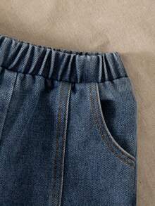 SHEIN 2 件套女婴秋冬休闲风格套装，蝴蝶结装饰，长袖上衣和长牛仔裤 - 杏色 - 查看 7