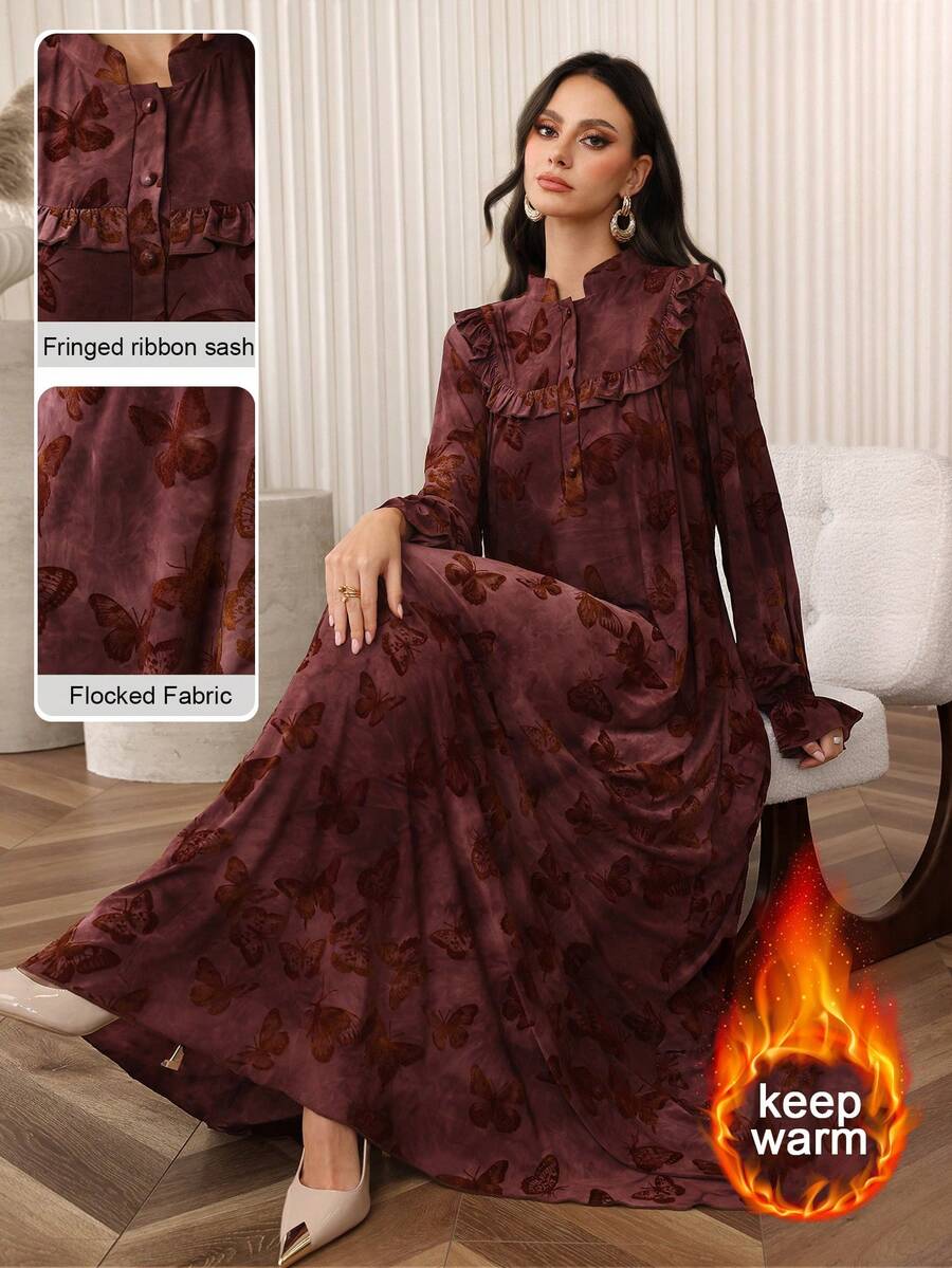 SHEIN Najma 荷叶边领泡泡袖宽松喇叭下摆女式阿拉伯风格连衣裙 - 紅木色 - 查看 1