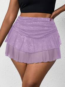 SHEIN PETITE CURVE 大尺碼女款腰部抓皺對比蕾絲裙 - 淡紫色 - 查看 5