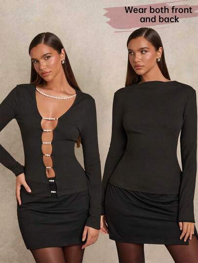 Glamine Women's Plunging Neck Long Sleeve Fitted Pearl Chain Reversible Blouse