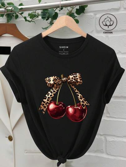 INAWLY 女士夏季樱桃印花休闲圆领短袖T恤