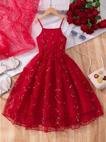 SHEIN 少女刺绣网纱3D立体花卉装饰时尚吊带裙 - 紅色 - 查看 4