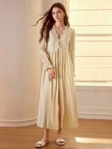 MOTF PREMIUM BỘ ĐẦM CAMI REN TƯƠI TƯƠNG PHẢN & ÁO NGỦ TAY LỒNG - Màu vàng - Xem 7