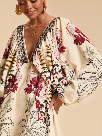 Travachic 度假风梭织印花V领宽松女士迷你连衣裙