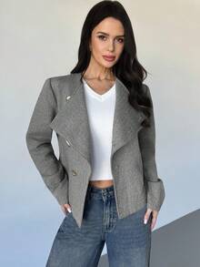 Firerie 女士优雅精致休闲日常通勤新款街头时尚都市时尚斜襟金属纽扣腰部收紧长袖双面呢大衣，秋冬 - 黑與白 - 查看 7