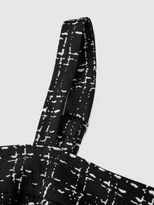 SHEIN MOD Plus Size Black & White Plaid Knit Suspender Pants, Retro College Style/Winter - Black and White - View 3