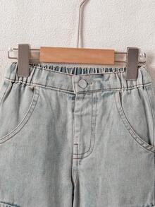 男童休闲宽松直筒撞色缝线工装牛仔裤 - 淺色水洗藍 - 查看 3