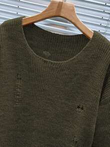 Manfinity Homme Men's Solid Color Round Neck Drop Shoulder Ripped Loose Casual Knit Sweater - Dark Green - View 4