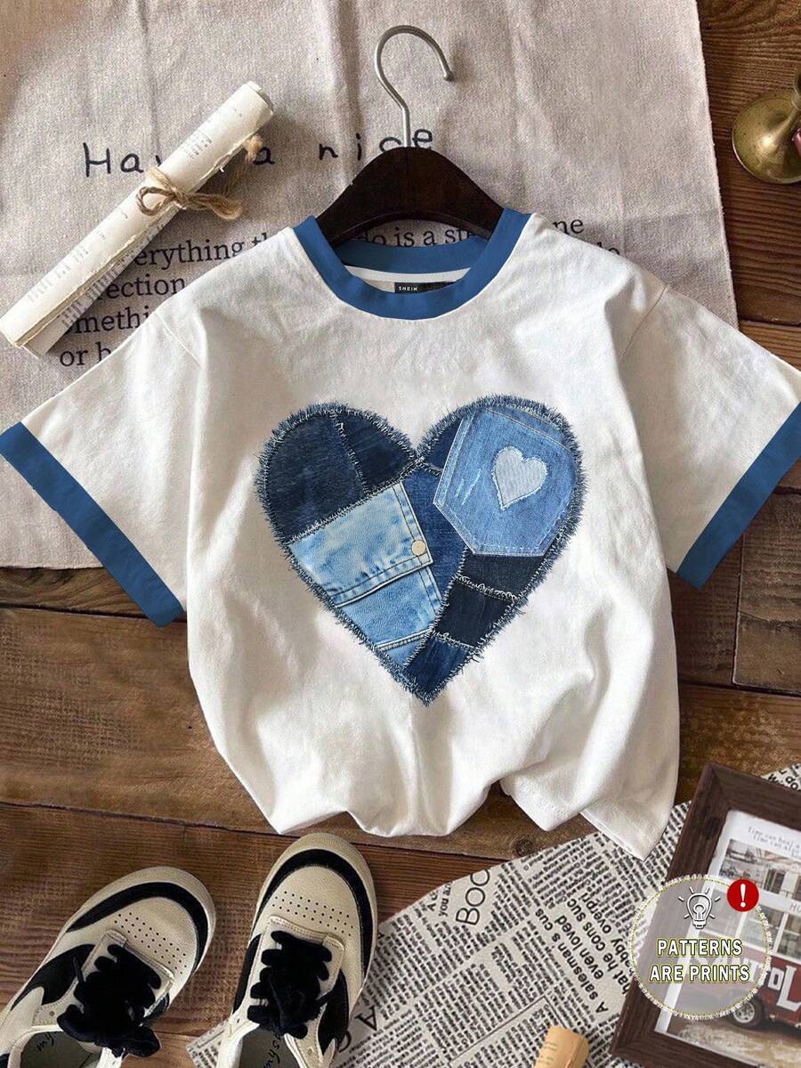 SHEIN EZwear 休闲简约心形印花图案圆领宽松女式T恤 - 彩色 - 查看 1