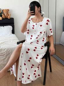 SHEIN Cardigan Motif Hati dengan Kancing, Pakaian Santai Kasual, Ukuran Plus, Gaun Tidur - Putih - View 7