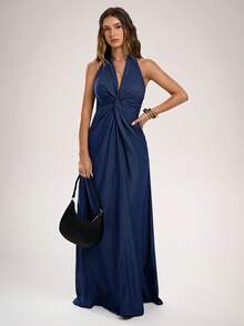 Avantive 时尚性感扭结露背吊带超长牛仔连衣裙 - 藍色 - 查看 2