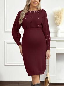 Cheriluna Maternity 优雅串珠装饰针织孕妇连衣裙，秋冬款 - 酒紅色 - 查看 6