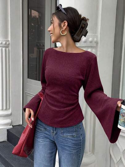 Elenzga Standard Size Women's Wide Collar Drop Shoulder Flare Sleeve Waist Ruched Floral Knit Top, Autumn/Winter