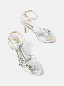 Zapatos de tacón de aguja y punta estrecha para mujer con decoración de flor con diamantes de imitación para vestido de primavera y verano - Plateado - Ver 5