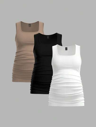 Modmama 3pcs Maternity Women's Solid Color Sleeveless Tank Tops, Casual & Simple, Perfect For Summer