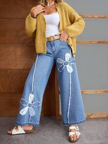 EMERY ROSE Quần jean ống rộng dáng rộng, thường ngày có túi thêu hoa dành cho nữ - Màu xanh lam - Xem 6