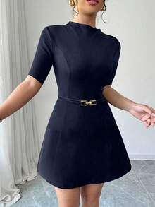 Robe noire élégante à col mao Elenzga, robe mi-manches évasée avec ceinture métallique pour femmes, en tissu texturé élastique de couleur unie, , ajustée, convenant pour le travail, les sorties décontractées, la rentrée scolaire, les tenues professionnelles d'enseignant - Bleu azur - Voir 6