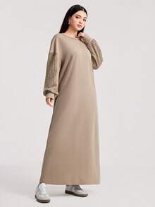 Veilorie Women's Casual Drop Shoulder Loose Fit Crew Neck Sweatshirt, Autumn - Khaki - View 7