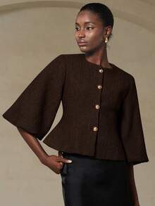 Aveloria Rosie Elegant French Retro Romantic Luxury High-End Design Herringbone Round Neck 3/4 Petal Sleeve Cinched Waist Slim Metal Button Women Blazer - Brown - View 5