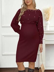 Cheriluna Maternity 优雅串珠装饰针织孕妇连衣裙，秋冬款 - 酒紅色 - 查看 4