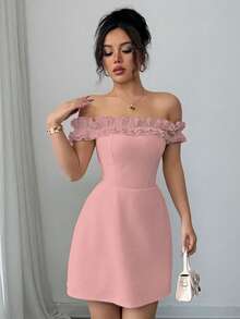 Elenzga 女士露肩荷叶边腰浪漫连衣裙 - 淺粉色 - 查看 4