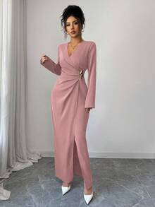 Elenzga Women's Solid Color Overlap V-Neck Long Sleeve Waist Ruched Metal Decor Elegant Dress - Dusty Pink - View 5