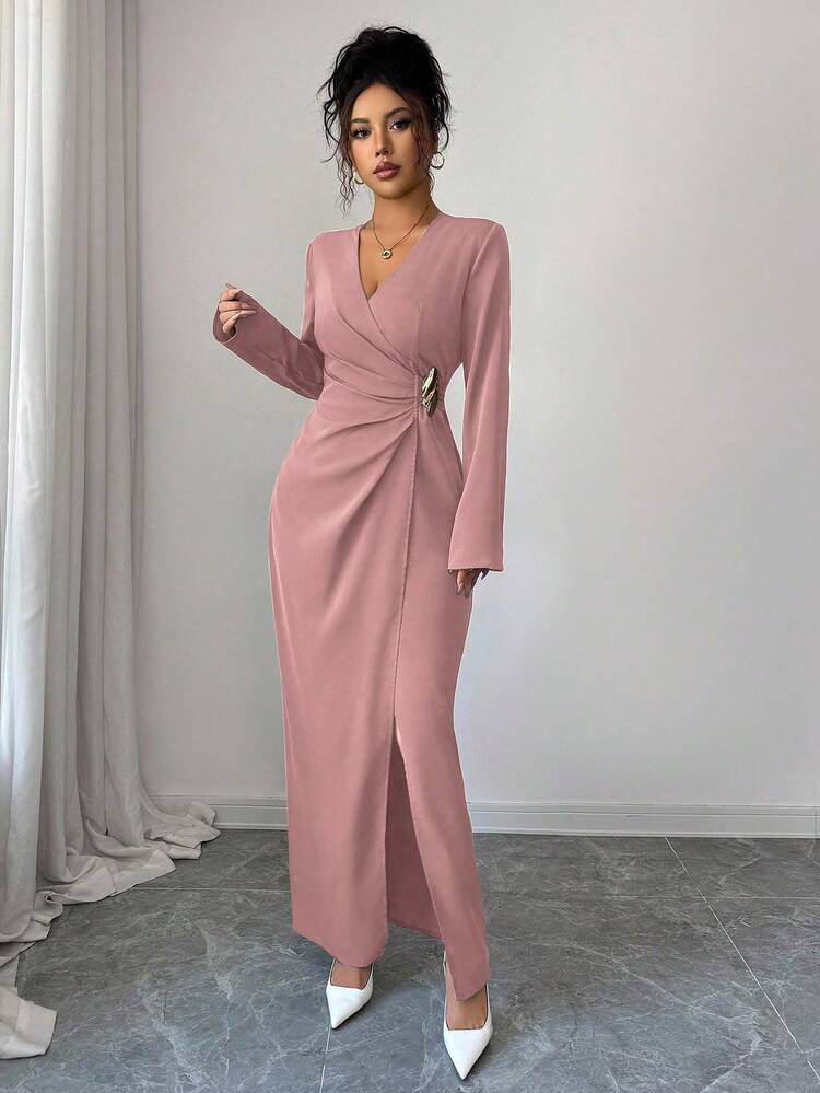 Elenzga Vestido elegante de mujer de unicolor con escote cruzado en V, manga larga, cintura fruncida y decoración metálica - Rosa vieja - Añade 5