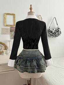 Elamini Women's Striped Tie-Up Long Sleeve Cropped Fashionable Fitted Patchwork Collar Shirt