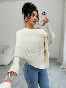 SHEIN Elenzya Suéter blanco de manga larga con textura acanalada, elegante y clásico para mujer, otoño/invierno - Crema - Ver 7