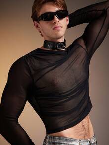 FeverCity Men's Mesh Sheer Casual Asymmetrical Long Sleeve Round Neck T-Shirt - Black - View 3