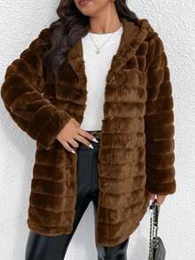 SHEIN Clasi Giacca con cappuccio in pelliccia sintetica di lusso casual per donne taglie forti