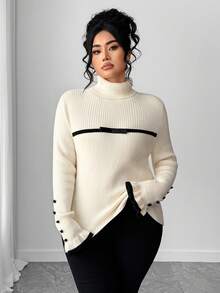 Elenzga Plus Size Women High Collar Bow Ruffle Faux Fur Knit Pullover Sweater - Beige - View 4