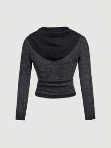 SHEIN MOD 大码女款二合一连帽卫衣，黑灰色撞色纽扣门襟 - 彩色 - 查看 2