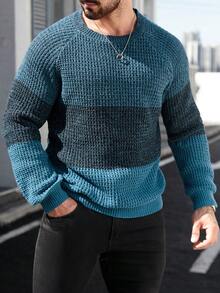 Manfinity Homme 男士长袖休闲撞色圆领套头毛衣，秋冬男士毛衣上衣蓝色毛衣套头衫 - 彩色 - 查看 3