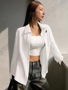 DAZY 1件女士纯色落肩休闲纹理面料前开襟长袖衬衫 - 白色 - 查看 4