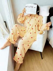 SHEIN 大码条纹爱心印花喇叭袖睡衣套装，冬季服装 - 黃色 - 查看 5