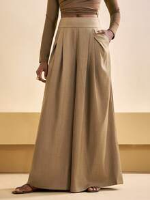 Zivah 2025秋冬新款休闲通勤宽松驼色亚麻材质不规则褶裥口袋高腰阔腿女裤，适合圣诞节、新年、日常出行、节日、购物、旅行、早午餐、机场穿搭、派对、约会、返校、休闲、背带裤等场合。 - 卡其色 - 查看 4