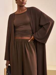 Zivah 2025秋季新款音乐节及毕业典礼休闲宽松三件套 - 亚麻混纺开衫 + 长袖针织衫 + 亚麻长裤，适合日常、海滩、度假、街头风格，宽松版型 - 棕色 - 查看 1