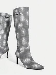 Women's Tie-Dye Pointed Toe Side Zipper Design Fashion High Heel Mid-Calf Boots - Grey - View 9